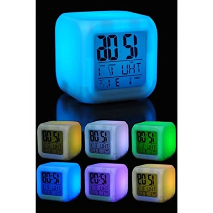 7 Renk Değiştiren Dijital Küp Masa Saati ve Termometre