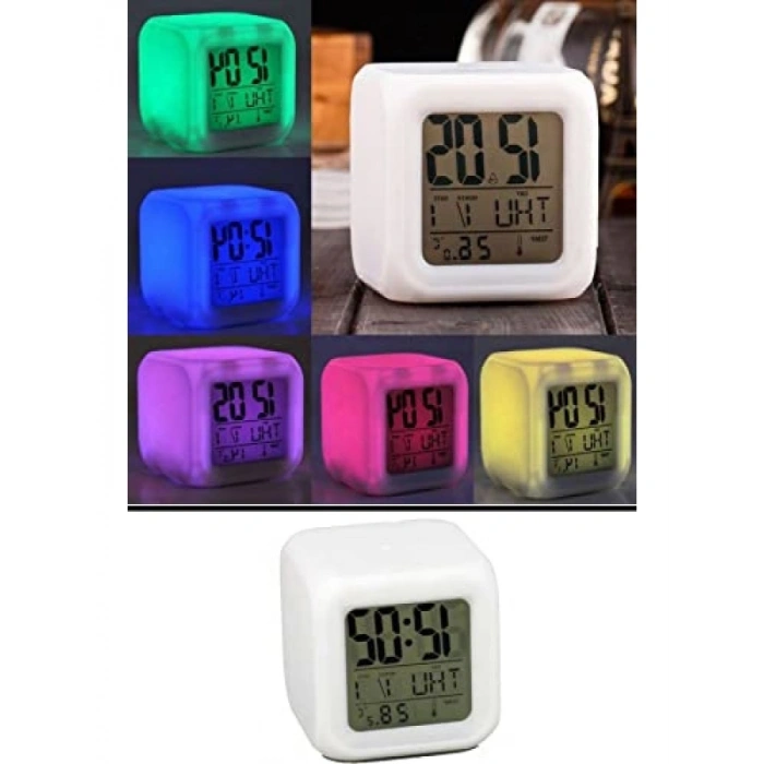 7 Renk Değiştiren Dijital Küp Masa Saati ve Termometre