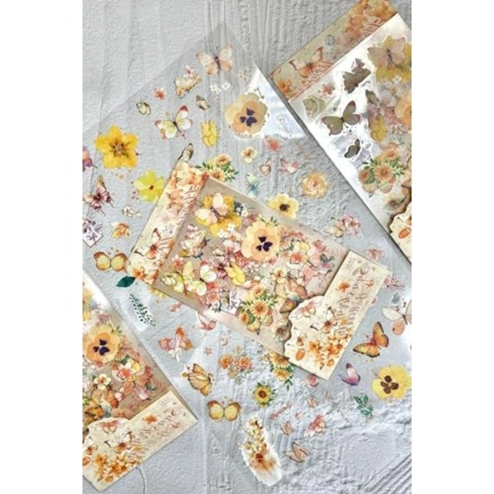 70 Adet Çiçek Sticker Seti, 4 Sayfa Şeffaf Kelebek Temalı
