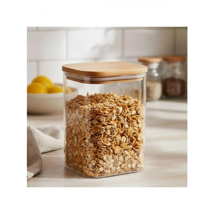 700 ml Hava Geçirmez Bambu Kapaklı Borosilikat Cam Kavanoz