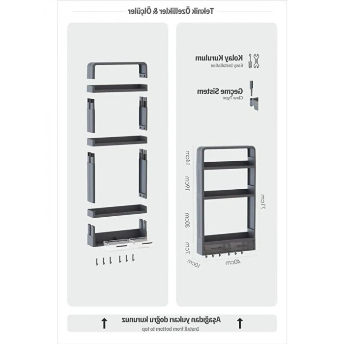 70x40x10 cm Boyutlarında Yapışkanlı Duvar Rafı, Suya Dayanıklı
