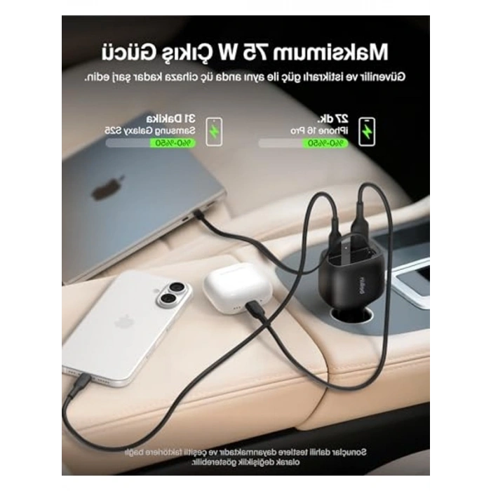 75 W Araç Şarj Cihazı, Geri Çekilebilir USB-C Kablo ile