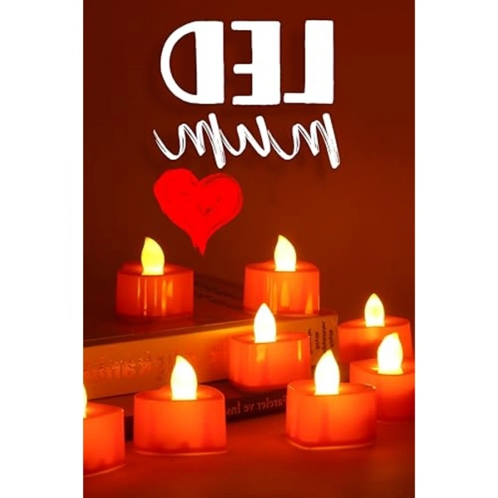 8 Adet Dekoratif Pilli Led Mum Seti, Kalp Kırmızı Renk, 4 cm Boyut