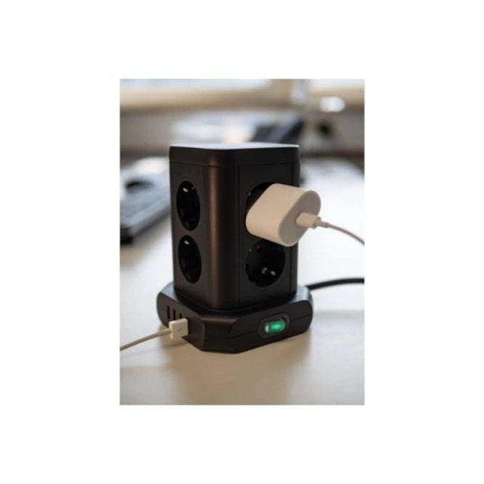 8 Bölmeli USB Priz Kulesi, 2 Metre Kablo ile Masaüstü Kullanım için