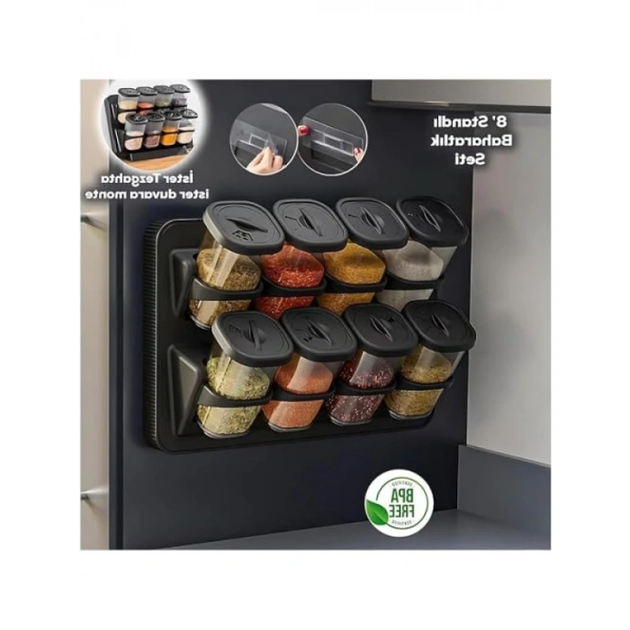 8li Duvara Asmalı Baharatlık Seti - 360 Derece Döner Kapak