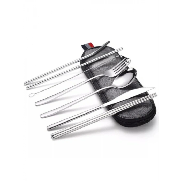 8 Parça Çantalı Paslanmaz Çelik Çatal Bıçak Kaşık Seti