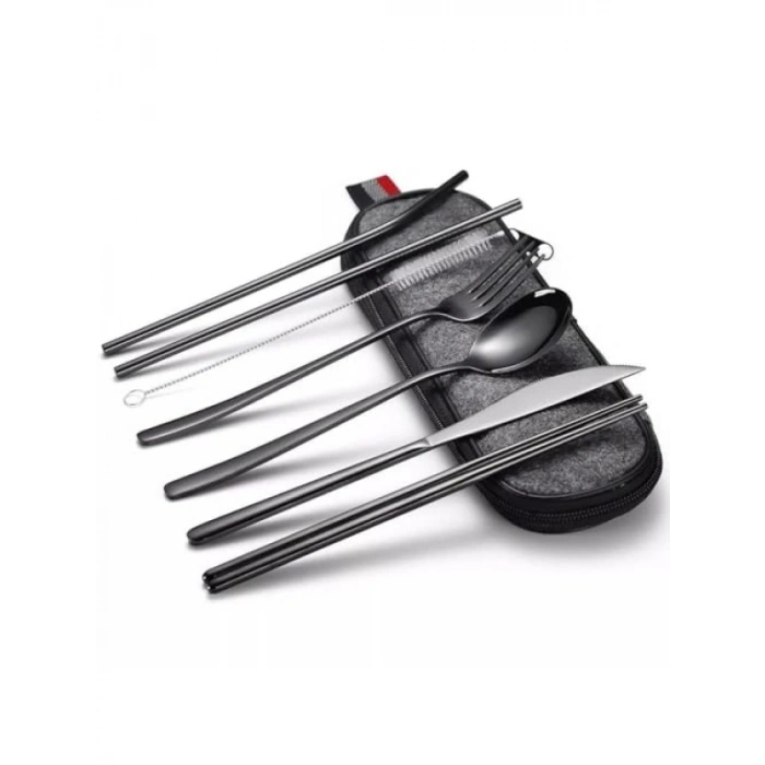 8 Parça Çantalı Seyahat Seti - Çatal Bıçak Kaşık Pipet
