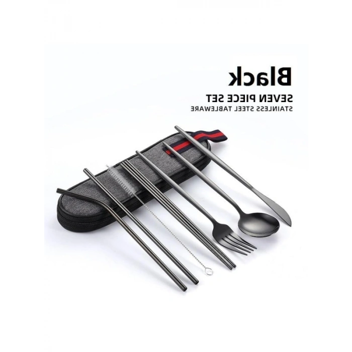 8 Parça Çantalı Seyahat Seti - Çatal Bıçak Kaşık Pipet