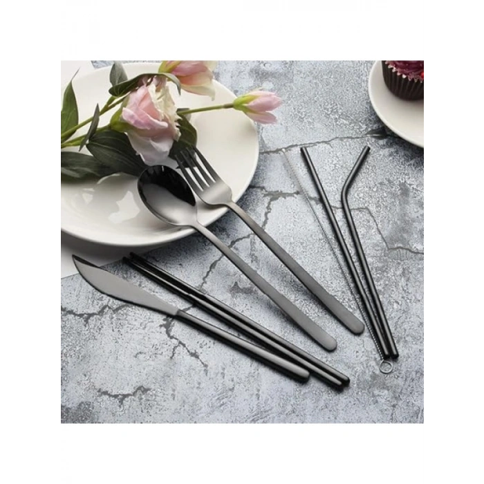 8 Parça Çantalı Seyahat Seti - Çatal Bıçak Kaşık Pipet