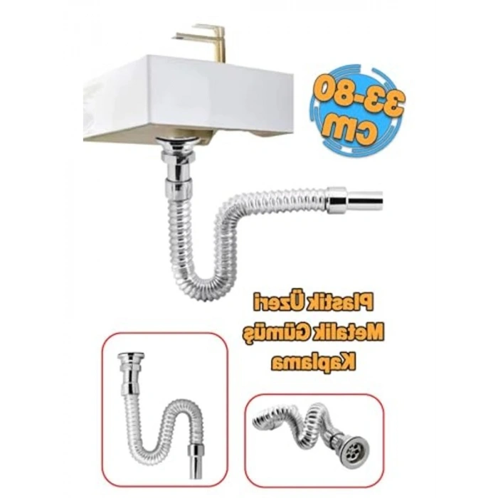 80 cm Uzunlukta Krom Körüklü Lavabo Gider Borusu, Esnek Metal Yapı