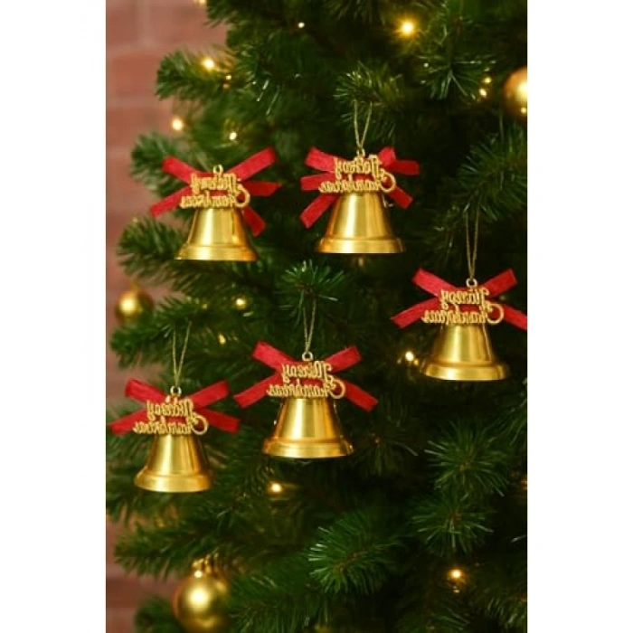 9 Adet Lüx Kırmızı Kurdelalı Yılbaşı Çan Süsü 5 cm