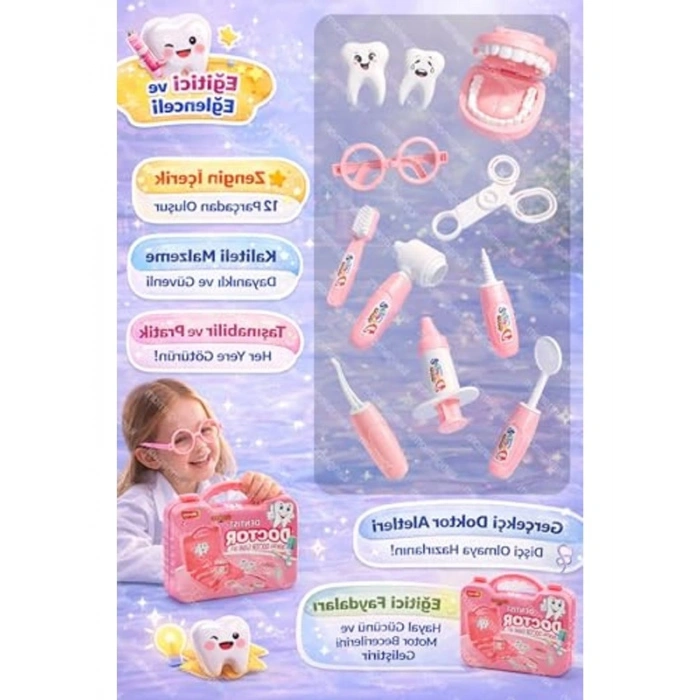 9 Parça Pembe Çantalı Dişçi Rol Yapma Seti