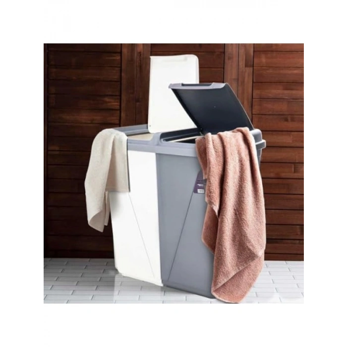 90 Litre Kapasiteli Çift Gözlü Çamaşır Sepeti - Gri-Beyaz