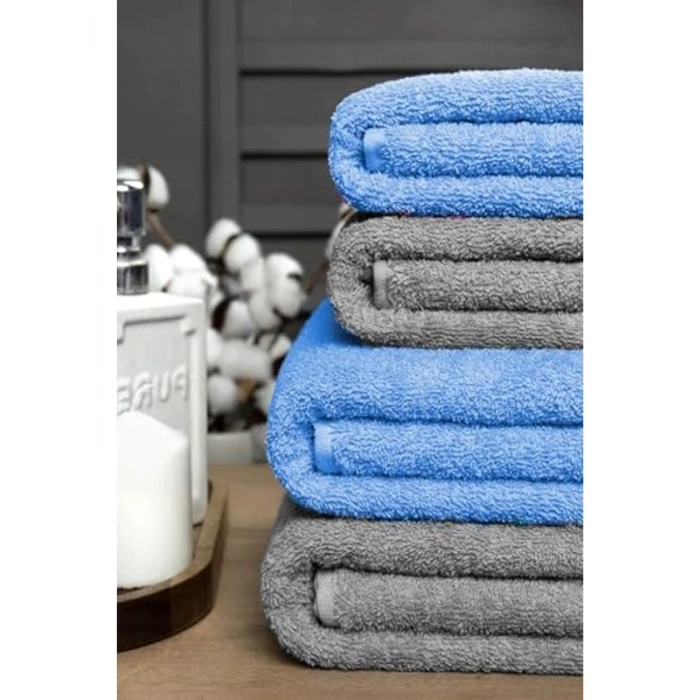90x150 cm Ölçüsünde Soft Pamuklu 4lü Banyo Havlusu Takımı, Gri ve Mavi