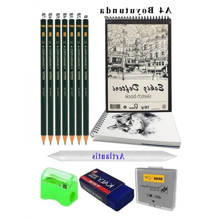 A4 120 gr Eskiz Defteri Telli 7 Adet Dereceli Kalem Çizim Seti Pastel Dağıtma Silgi Karakalem Eskiz Seti Kalemtraş