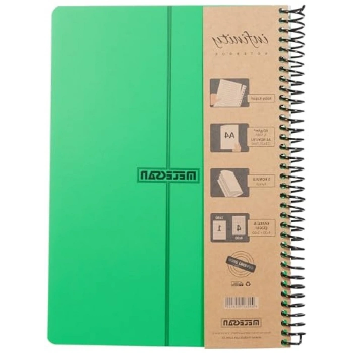 A4 5 Konulu Spiralli Defter - Yeşil PP Kapaklı