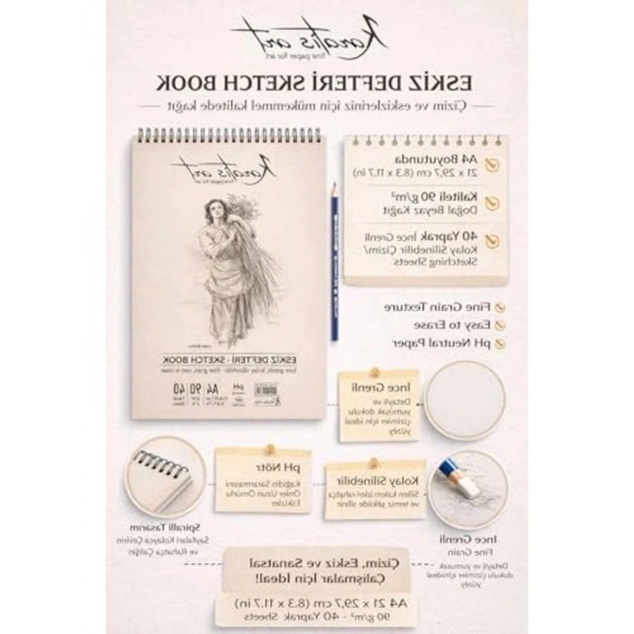 A4 İnce Grenli Eskiz Defteri, 40 Yaprak Boyama