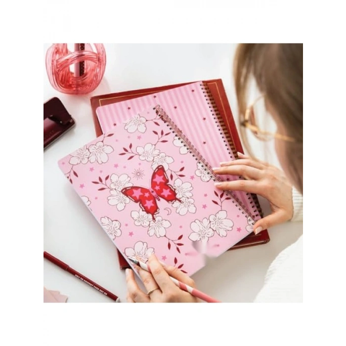 A4 Spiralli 2’li Çizgili Okul Defteri Seti - Pembe Kelebek Desenli
