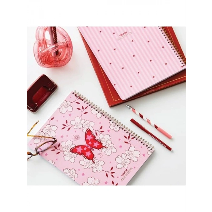 A4 Spiralli 2’li Çizgili Okul Defteri Seti - Pembe Kelebek Desenli