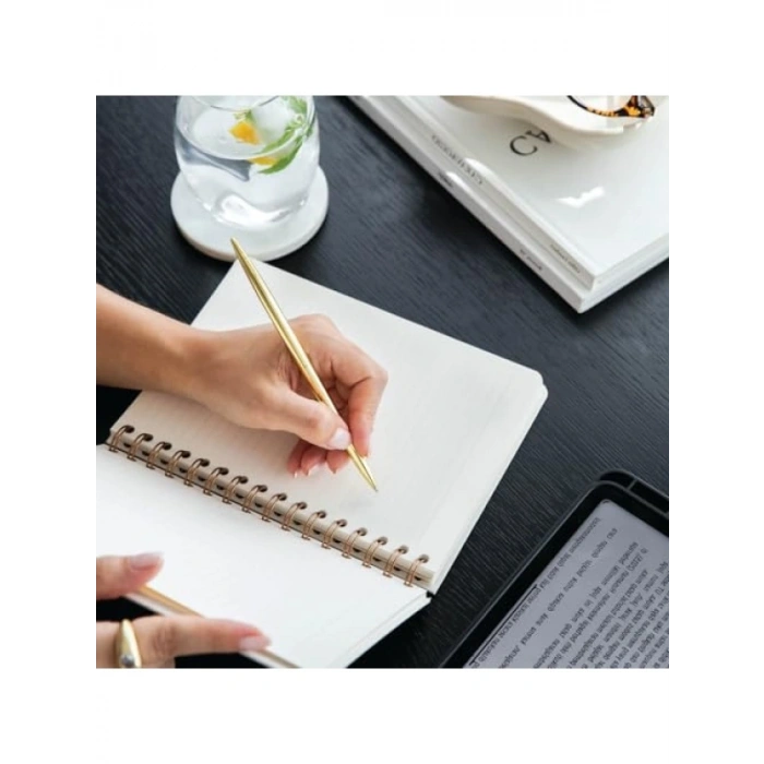 A5 Spiralli Sert Kapak Keten Çizgili Not Defteri - Krem Renk