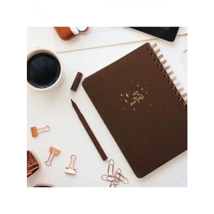 A5 Spiralli Sert Kapak Keten Kareli Defter, Kahverengi