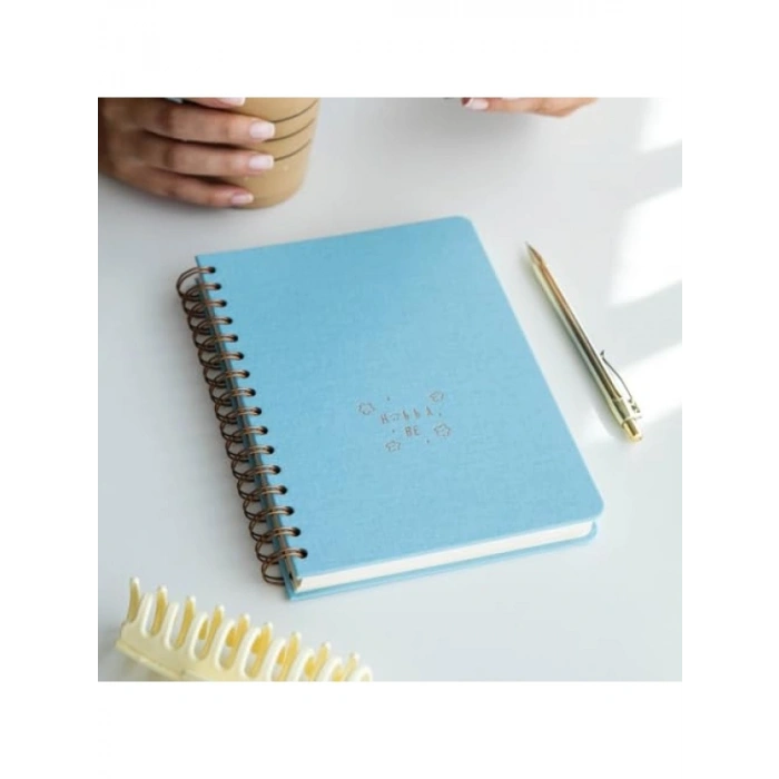 A5 Spiralli Sert Kapak Keten Kareli Defter, Mavi