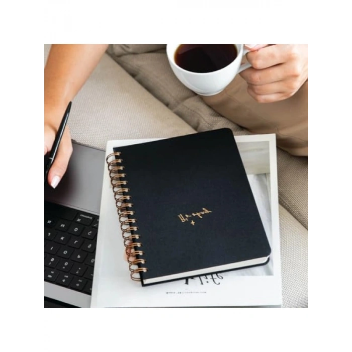 A5 Spiralli Sert Kapak Keten Kareli Not Defteri - Siyah