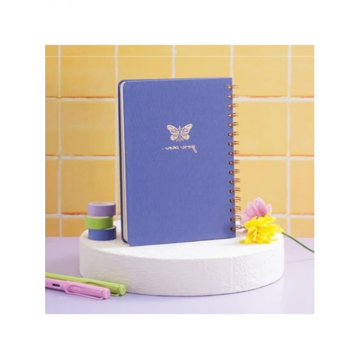 A5 Spiralli Sert Kapak Keten Noktalı Not Defteri, Mavi