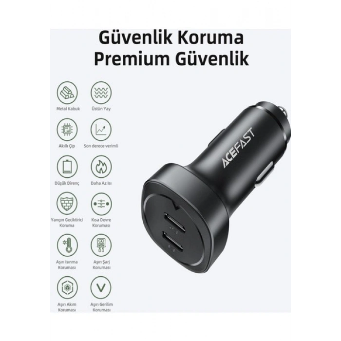 Acefast 72W 2X USB-C 2 Port Hızlı Araç Şarj Aleti Araç Güç Adaptörü iPhone & Android & iPad & MacBook Type-C - B2 (Acefast Türkiye Garantili)
