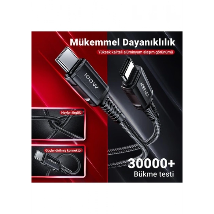 Acefast USB-C to USB-C 2 Metre Kablo 5A -100W Güç PPS 2.0 - Super Hızlı Şarj - Apple Uyumlu Type-C Şarj Data Kablosu - C4-03 (Acefast Türkiye Garantili)