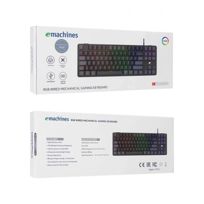 Acer Emachines, EAK87, Siyah/gri, USB Kablolu, Rgb Backlight, Red Switch, Mekanik, Türkçe Q, 87 Tuşlu, Gaming Klavye