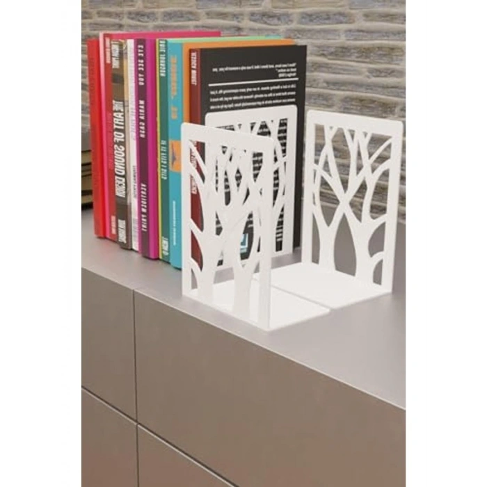 Ağaç Desenli Metal Kitap Tutucu, İkili Set, Şık Tasarım