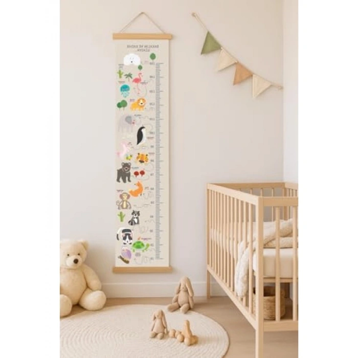 Ahşap Çıtalı Hayvanlı Kanvas Boy Ölçer Cetvel (10-150 cm)