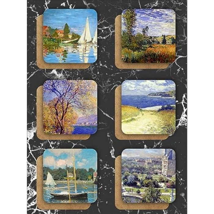 Ahşap Claude Monet Temalı Bardak Altlığı 6lı Set (9 x 9 cm)