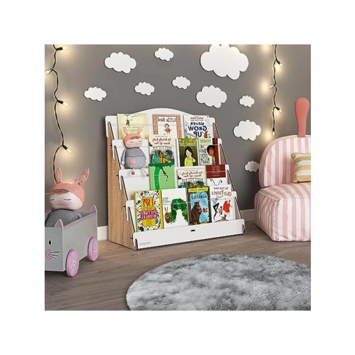 Ahşap Çocuk Kitaplığı - 4 Raflı, Meşe & Beyaz