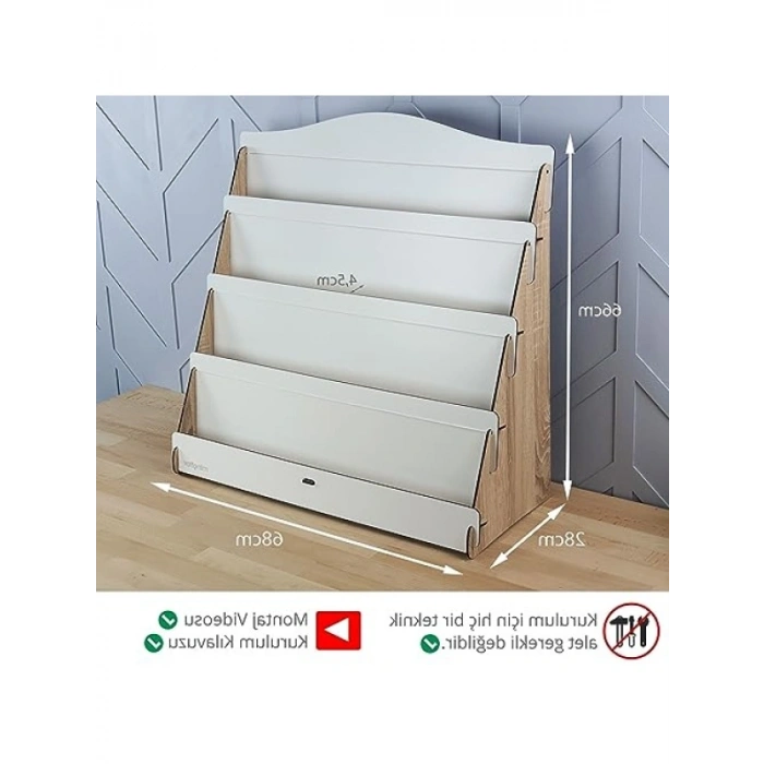 Ahşap Çocuk Kitaplığı - 4 Raflı, Meşe & Beyaz