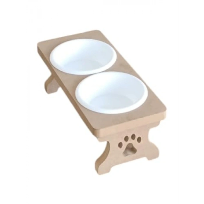 Ahşap Demonte Kedi Mama ve Su Kabı - 2 Plastik Taslı