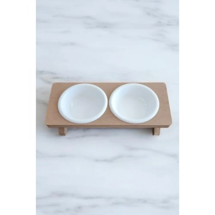 Ahşap Demonte Kedi Mama ve Su Kabı - 2 Plastik Taslı