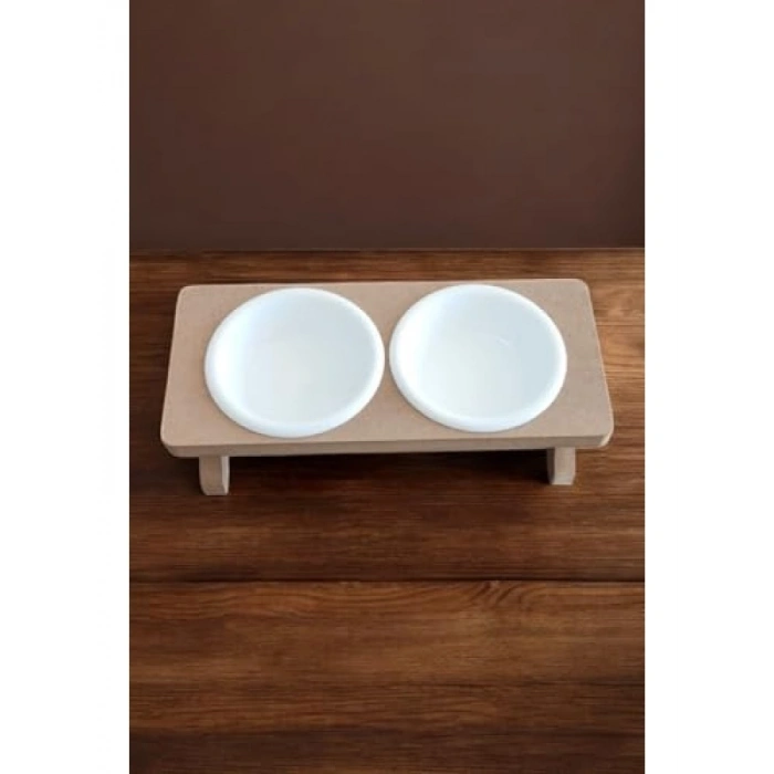 Ahşap Demonte Kedi Mama ve Su Kabı - 2 Plastik Taslı