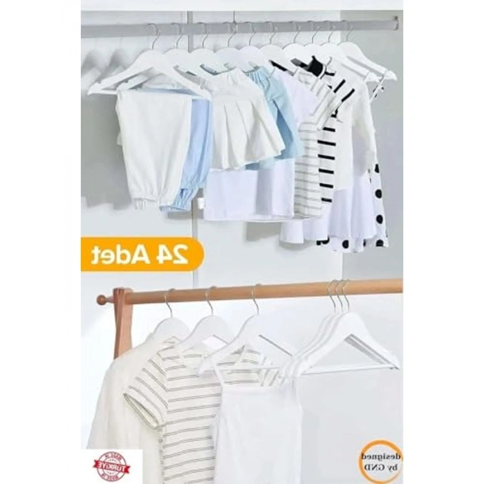 Ahşap Görünümlü 24lü Çocuk Elbise Askısı, Beyaz