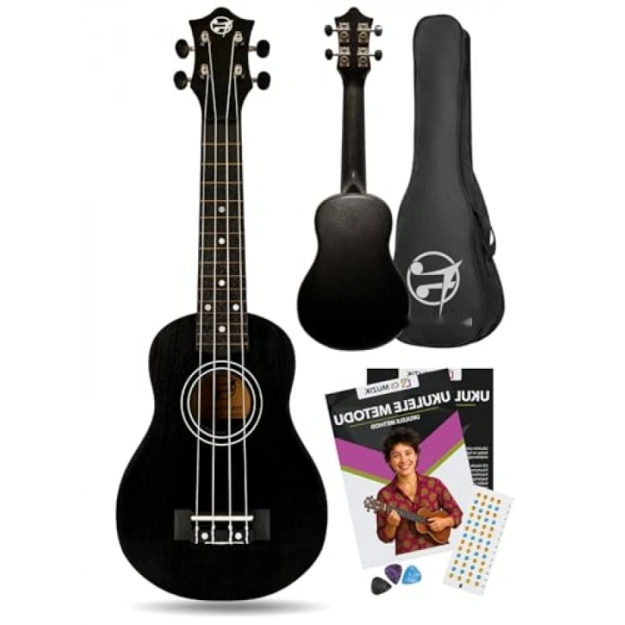 Ahşap Gövde ve Sap ile Başlangıç Seviyesi Siyah Ukulele Seti