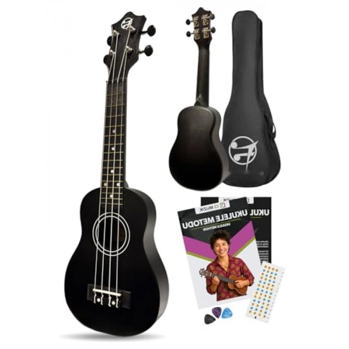 Ahşap Gövde ve Sap ile Başlangıç Seviyesi Siyah Ukulele Seti