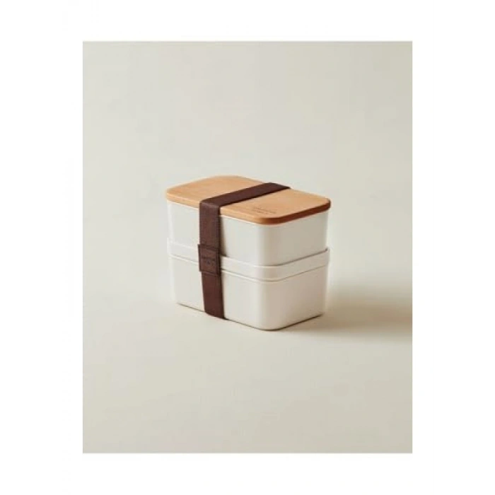 Ahşap Kapaklı 500ml Saklama Kabı – Soft Ekru, 2li Set