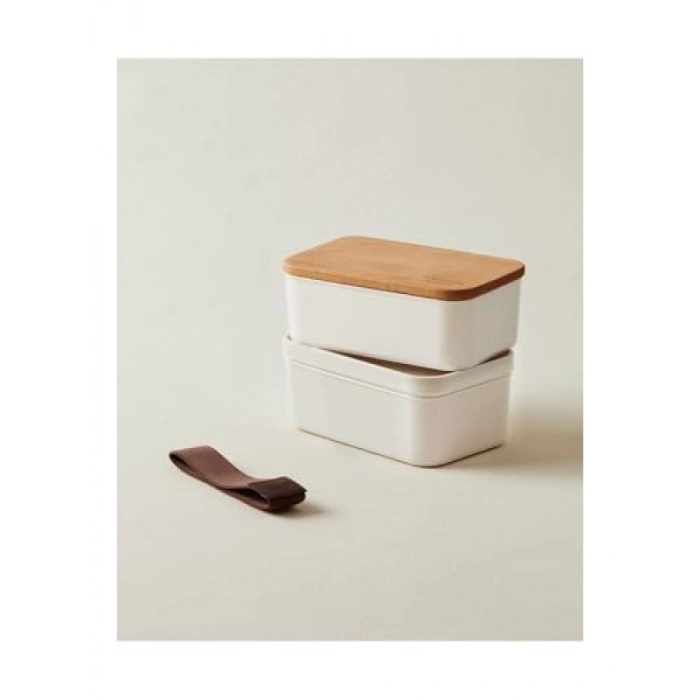 Ahşap Kapaklı 500ml Saklama Kabı – Soft Ekru, 2li Set
