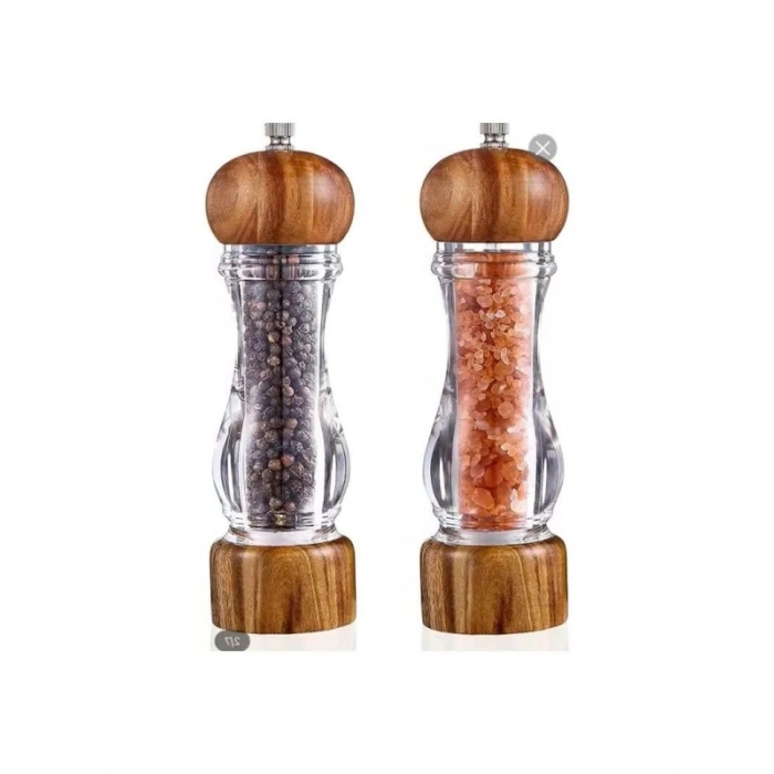 Ahşap Kapaklı Bambu ve Akasya Ağaçlı Baharat Öğütücü - 2 Adet