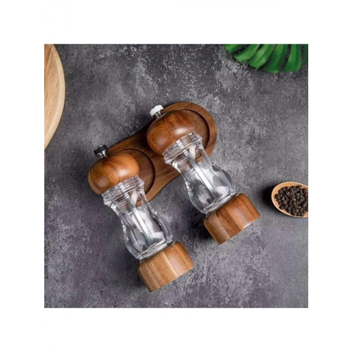 Ahşap Kapaklı Bambu ve Akasya Ağaçlı Baharat Öğütücü - 2 Adet