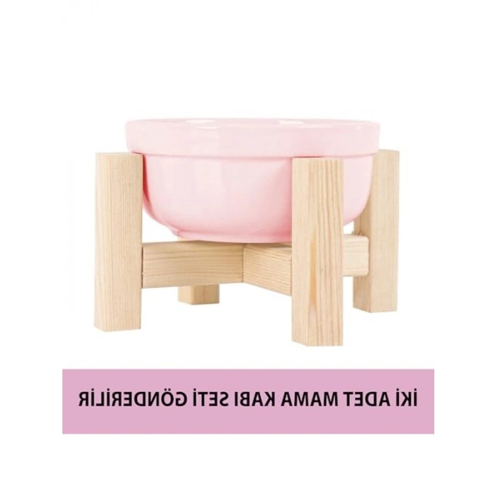 Ahşap Kedi Mama ve Su Kabı Seti, İki Adet Seramik Kabı ile
