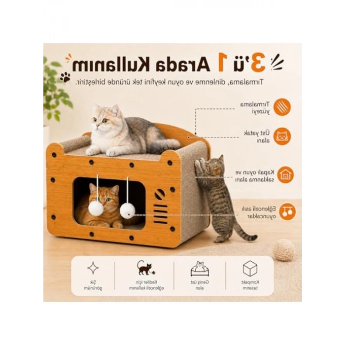 Ahşap Kedi Tırmalama Evi, Modern Tasarım ve Eğlenceli Oyun Alanı