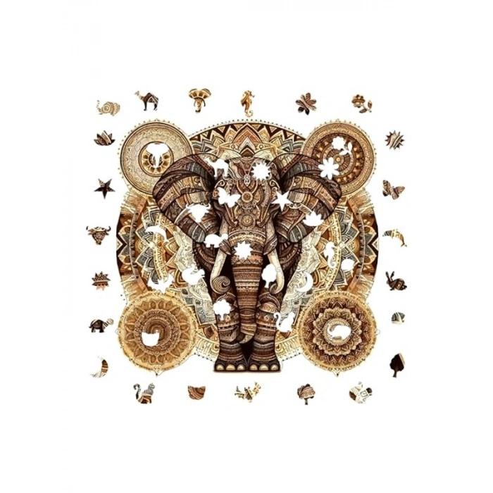 Ahşap Puzzle, Majestik Mandala Fil, 250 Parça, 29 x 28 cm Boyutunda