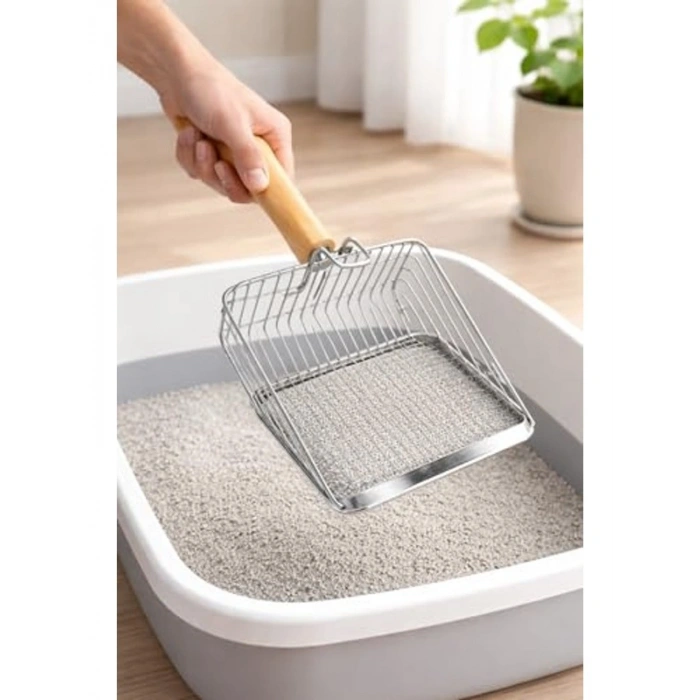 Ahşap saplı metal kedi kumu küreği, ergonomik tasarım ve kolay temizlik